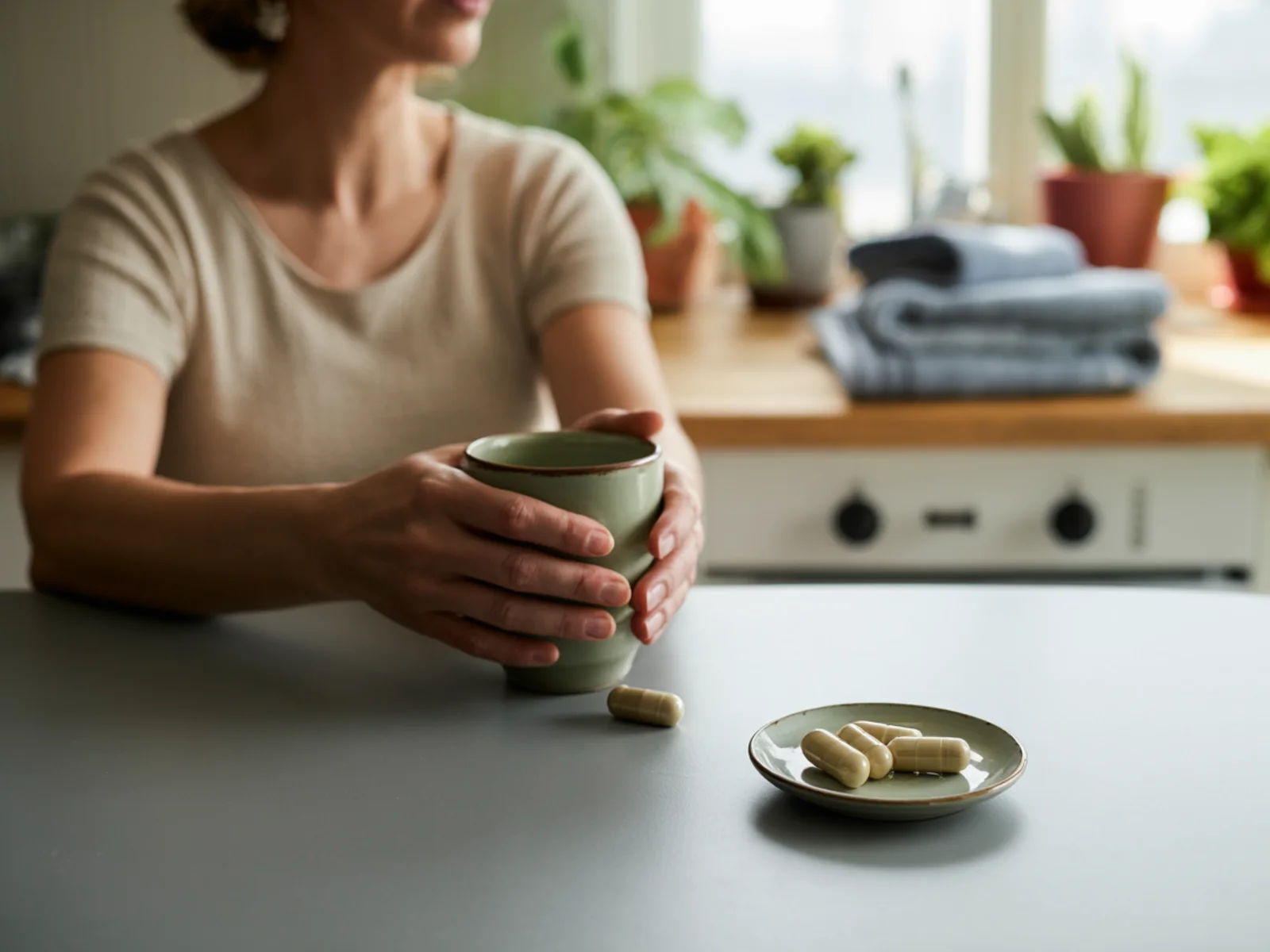 Caregiver archetype scene in a warm kitchen with a mug, folded towels, and a private pause.